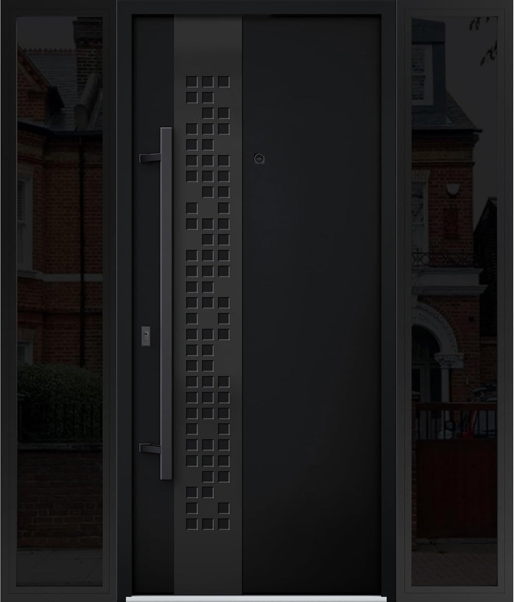 VDOMDOORS Front Exterior Prehung Steel Door/Deux 6078 Black Enamel / 2 Side Exterior Windows Sidelites/Entry Metal Modern Painted W12+36+12' x H80 Right Hand Inswing