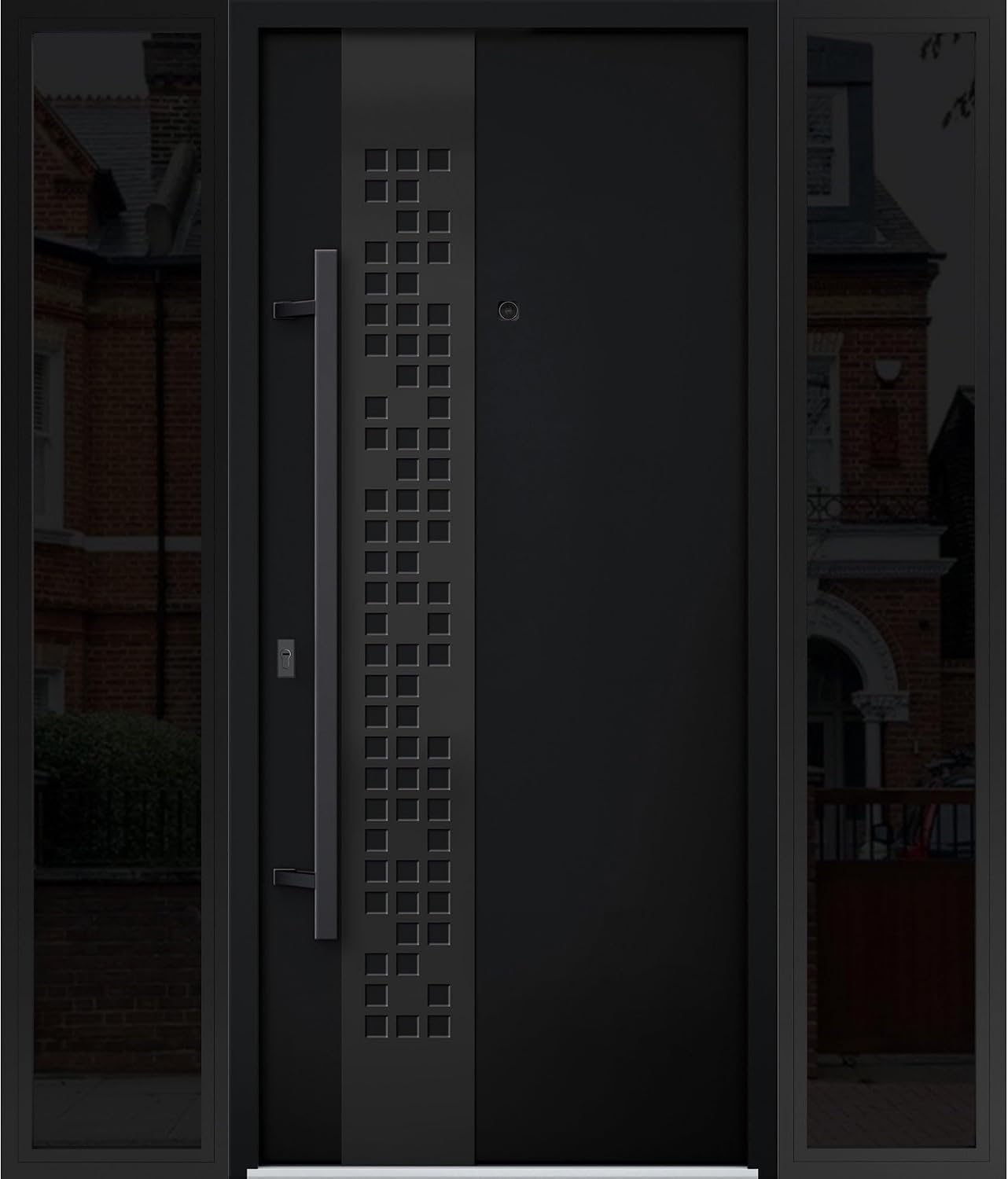 VDOMDOORS Front Exterior Prehung Steel Door/Deux 6078 Black Enamel / 2 Side Exterior Windows Sidelites/Entry Metal Modern Painted W12+36+12' x H80 Right Hand Inswing