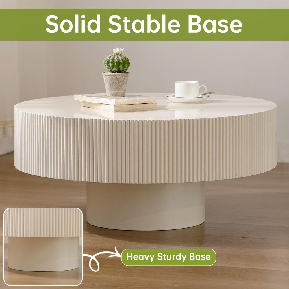 Round Drum Coffee Table White Round Fluted Coffee Table Modern Unique Fluted Drum Coffee Tables for Living Room (Ivory White, 30.9 * 30.9 * 13.8')