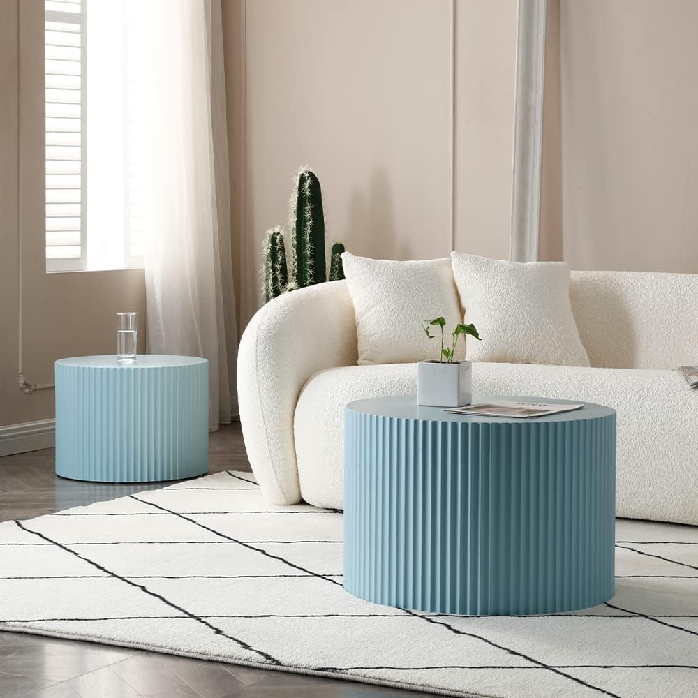 KEVINSPACE Nesting Coffee Table Set of 2, Modern Round Wooden Coffee Tables Luxury Side Table Circle Coffee Table Accent End Table for Living Room Apartment No Installation Required 23.62' Φ Blue