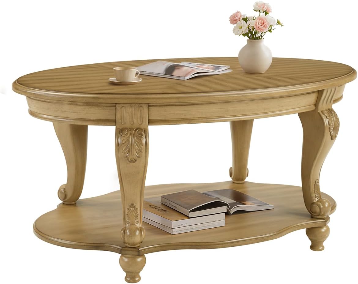 LKTART Round Coffee Table, 42' Oval Coffee Table with Storage, Victorian Center Table with Carved Legs, 2-Tier Cocktail Table for Living Room, Antique Natural