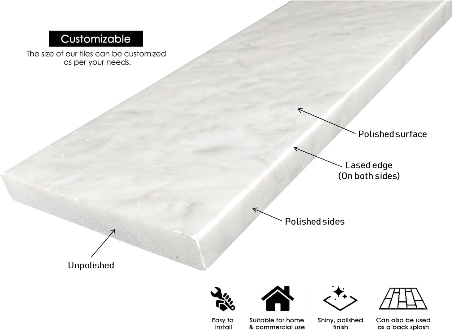 Tenedos 6x60 Marble Threshold Shower Curb Italian Carrara Bianco Greyish Floor Transition Tile (Saddle) Polished for Doorway, Bathroom Vanity Backsplash, Window Sill