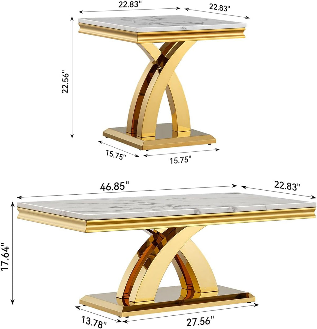 Faux Marble Coffee Table Set Living Room Table Set, Modern Rectangular Coffee Table 2 End Table with Faux Marble Top X Shape Stainless Steel Base for Home Office