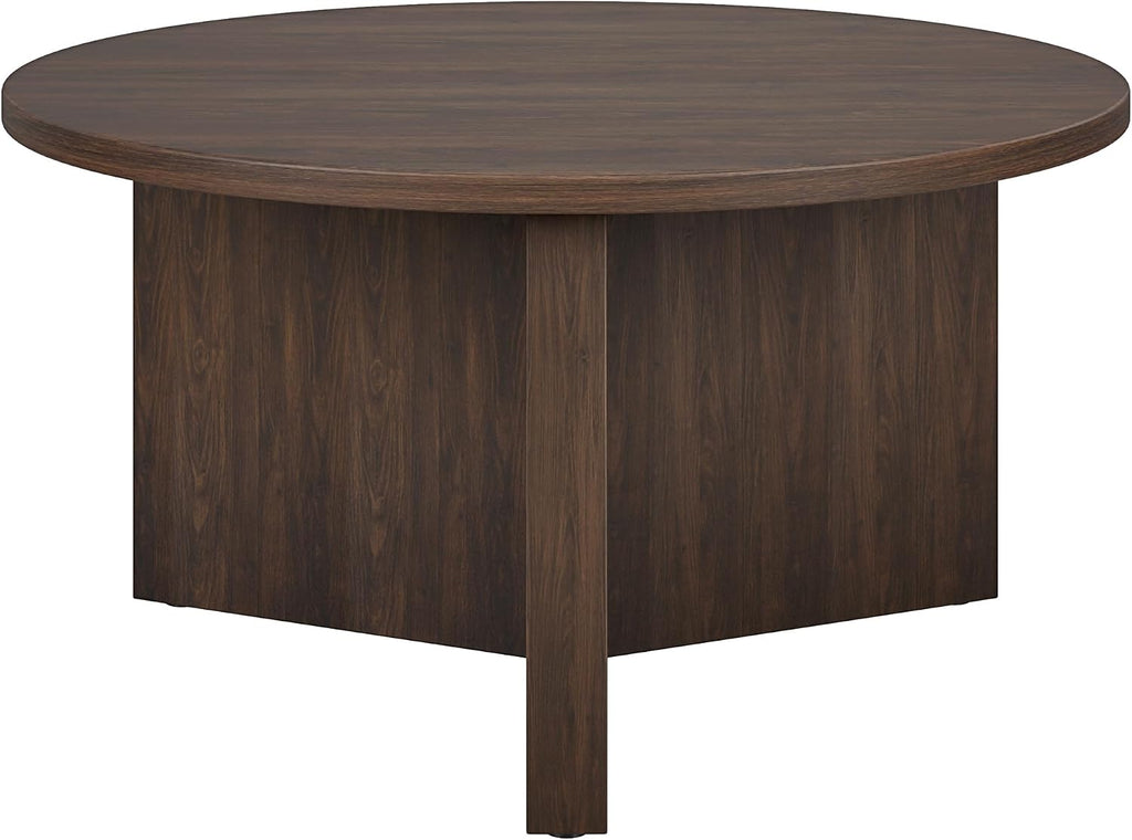 Henn&Hart 32' Round Pedestal Coffee Table for Living Room, Family Room, Office, or Apartment, Rich Brown