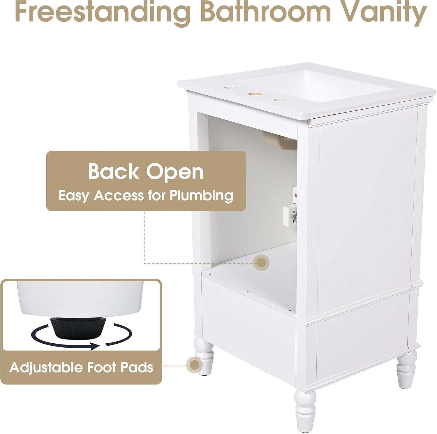 Bathroom Vanity with Sink, 20' Vanity Sink Cabinet with Ceramic Basin, 2 Doors and 1 Drawer, Free Standing Bathroom Storage Cabinet with Sink Combo Set, White