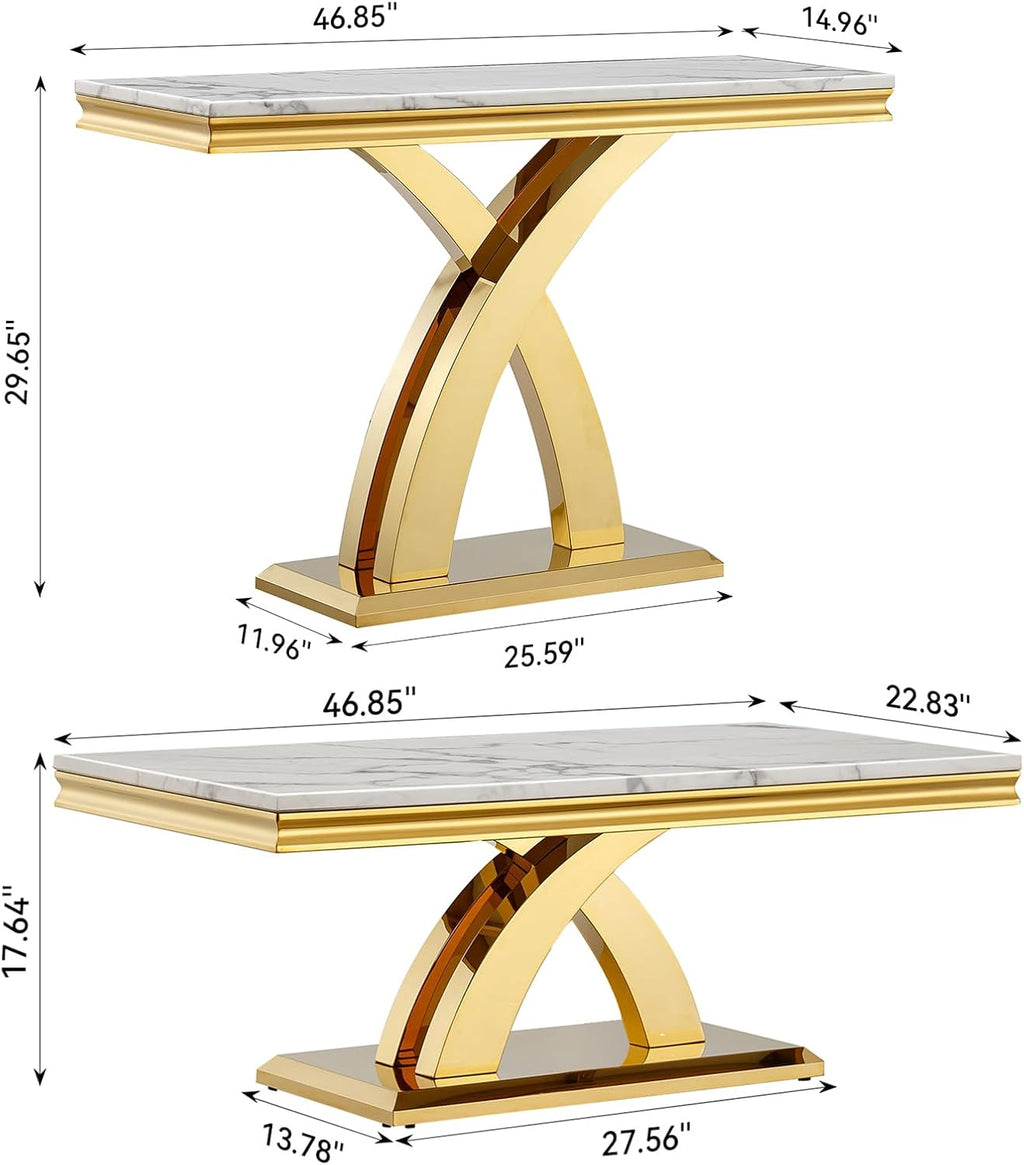 Marble Coffee Table Set of 2, 2 Piece Living Room Table Set Include 1 Coffee Table & 1 Sofa Table,Modern White Gold Coffee Table and Console Table Sets with Double X Shape Stainless Steel Base