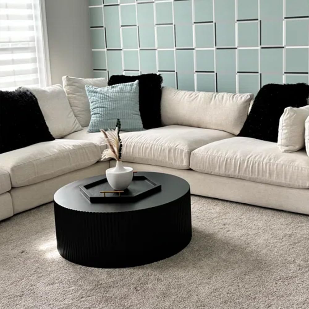 35.43'' Black Round Fluted Coffee Table Wood Circle Coffee Table for Living Room, Modern Contemporary Style, No Assembly, Black