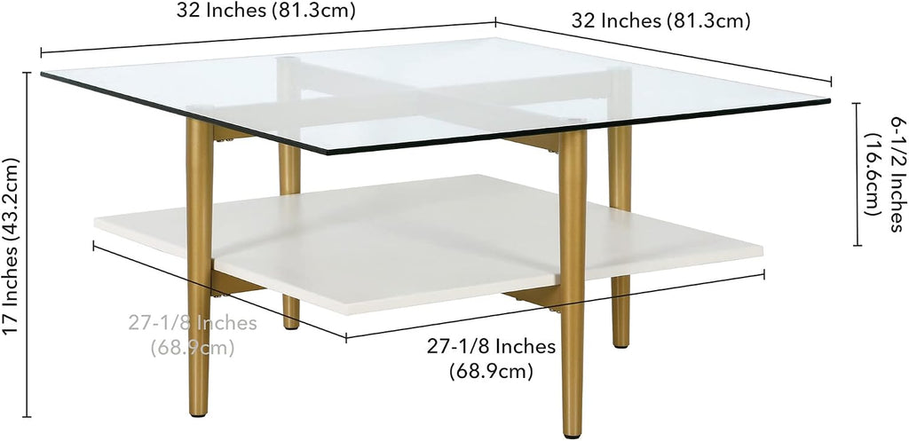 Otto 32' Wide Square Coffee Table with White Lacquer Shelf in Brass