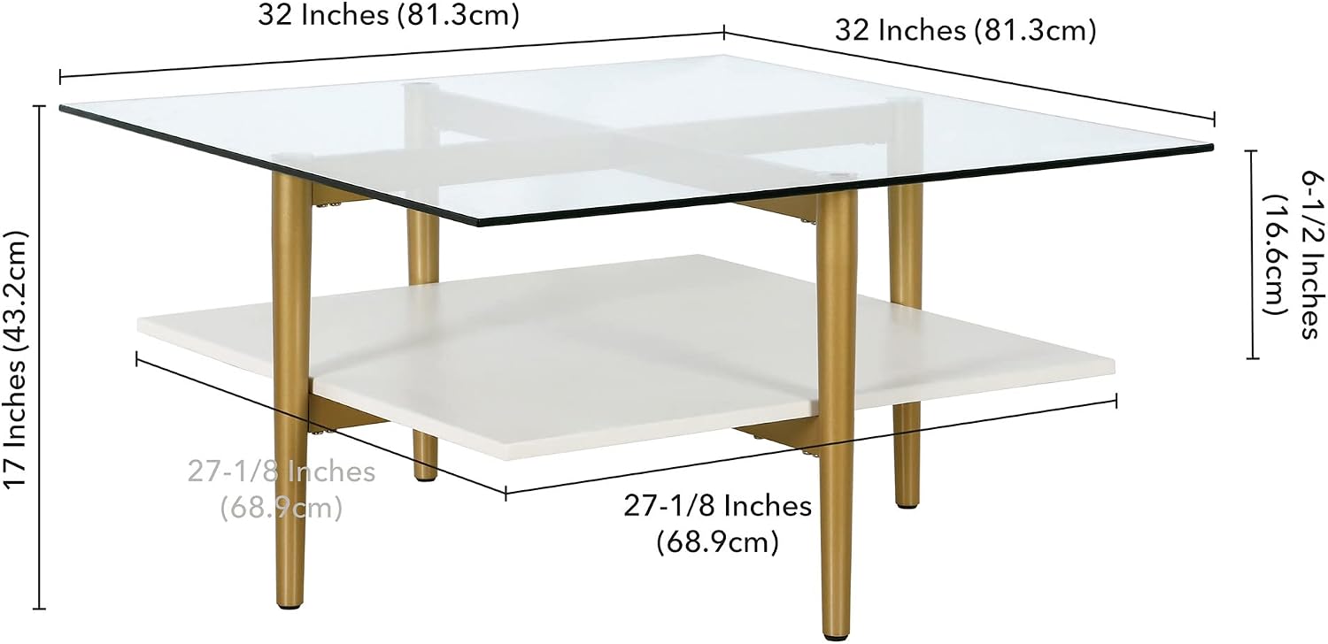 Otto 32' Wide Square Coffee Table with White Lacquer Shelf in Brass