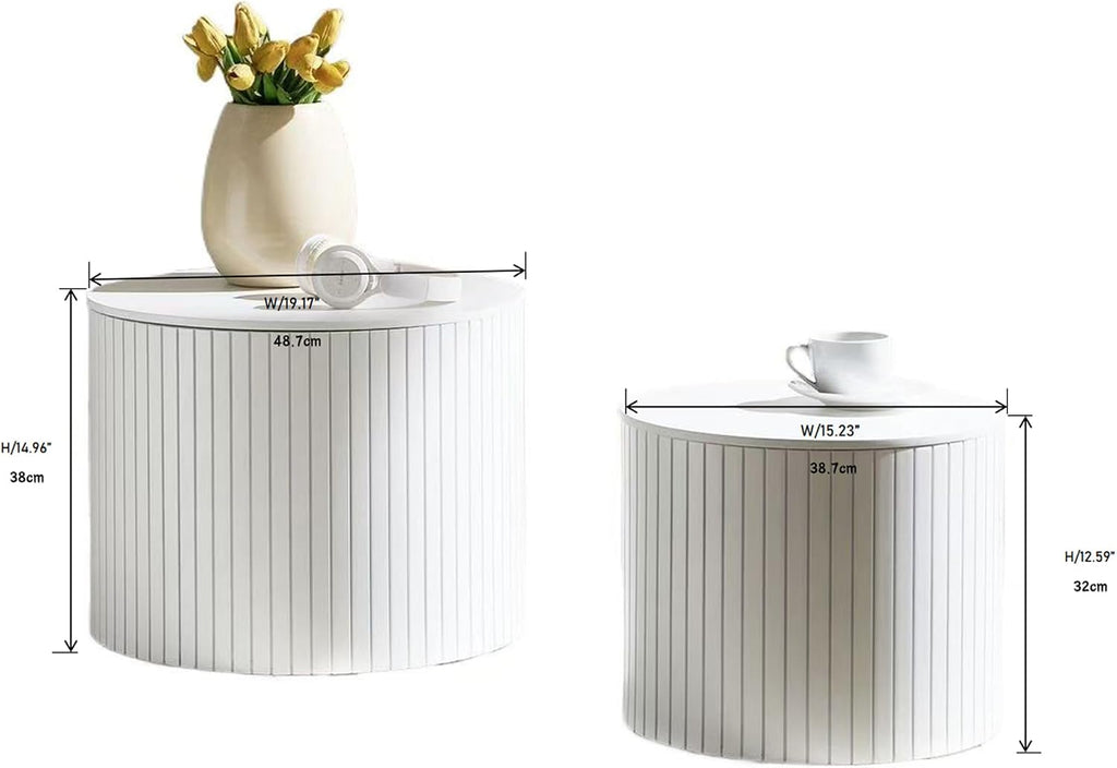 Nesting Coffee Table Set of 2, 19.17' Round Coffee Tables with Storage, Modern End Table for Living Room,Side Table for Apartment,Office,Dorm(White)