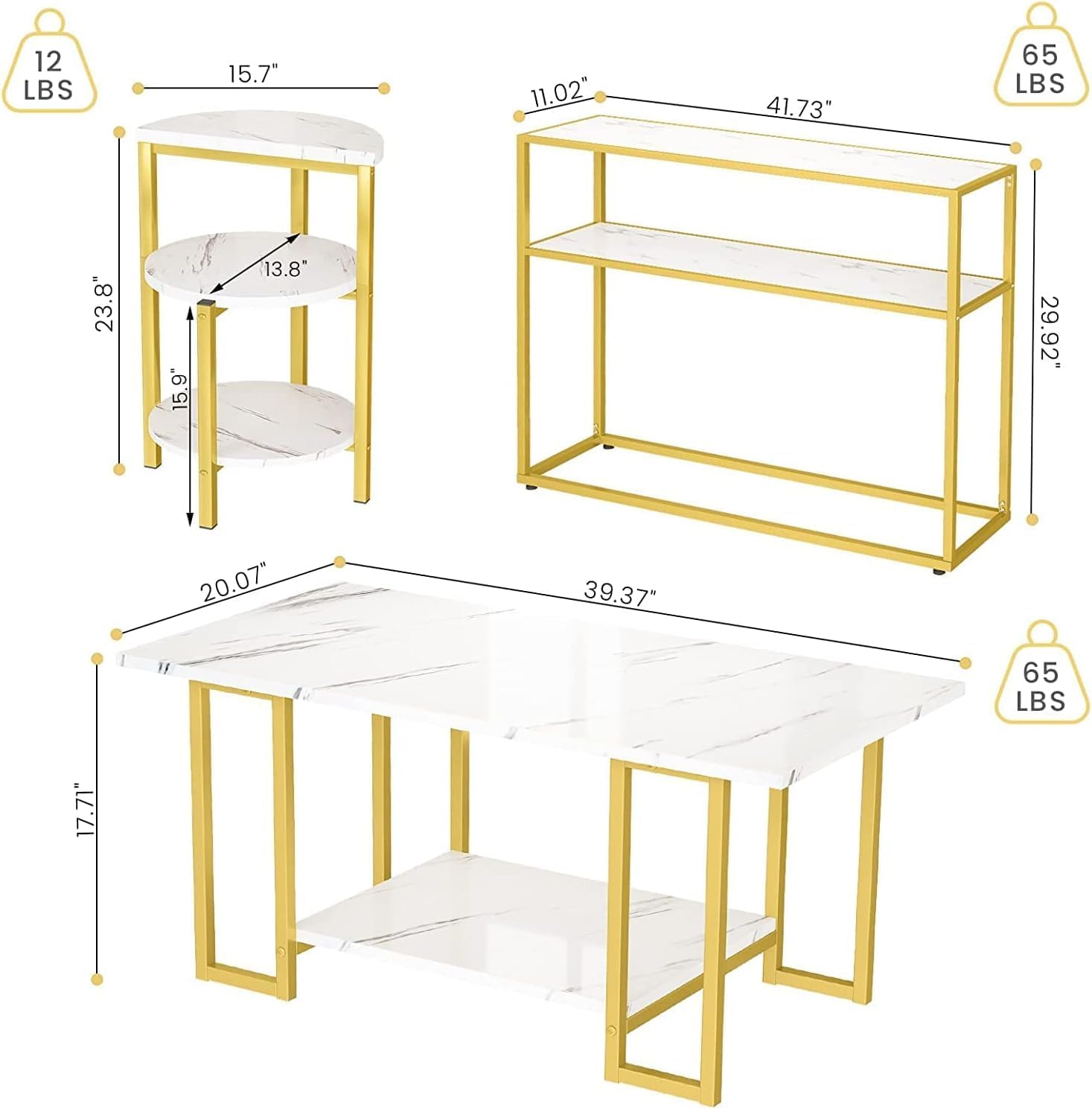 Lamerge Living Room Table Set of 3,Faux Marble Coffee Table & 3-Tier Side Table & Console Tables,Modern Table Set with Gold Metal Frame, White &Gold, Rectangle with Console (LLRT-WG)