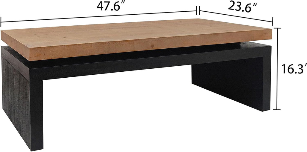 47.6' Wood Coffee Table, Mid Century Modern Farmhouse Wooden Coffee Tables for Living Room Natural Solid Firwood Tabletop Rectangle Center Table for Apartment Home Office Tea Table (Natural+Black)