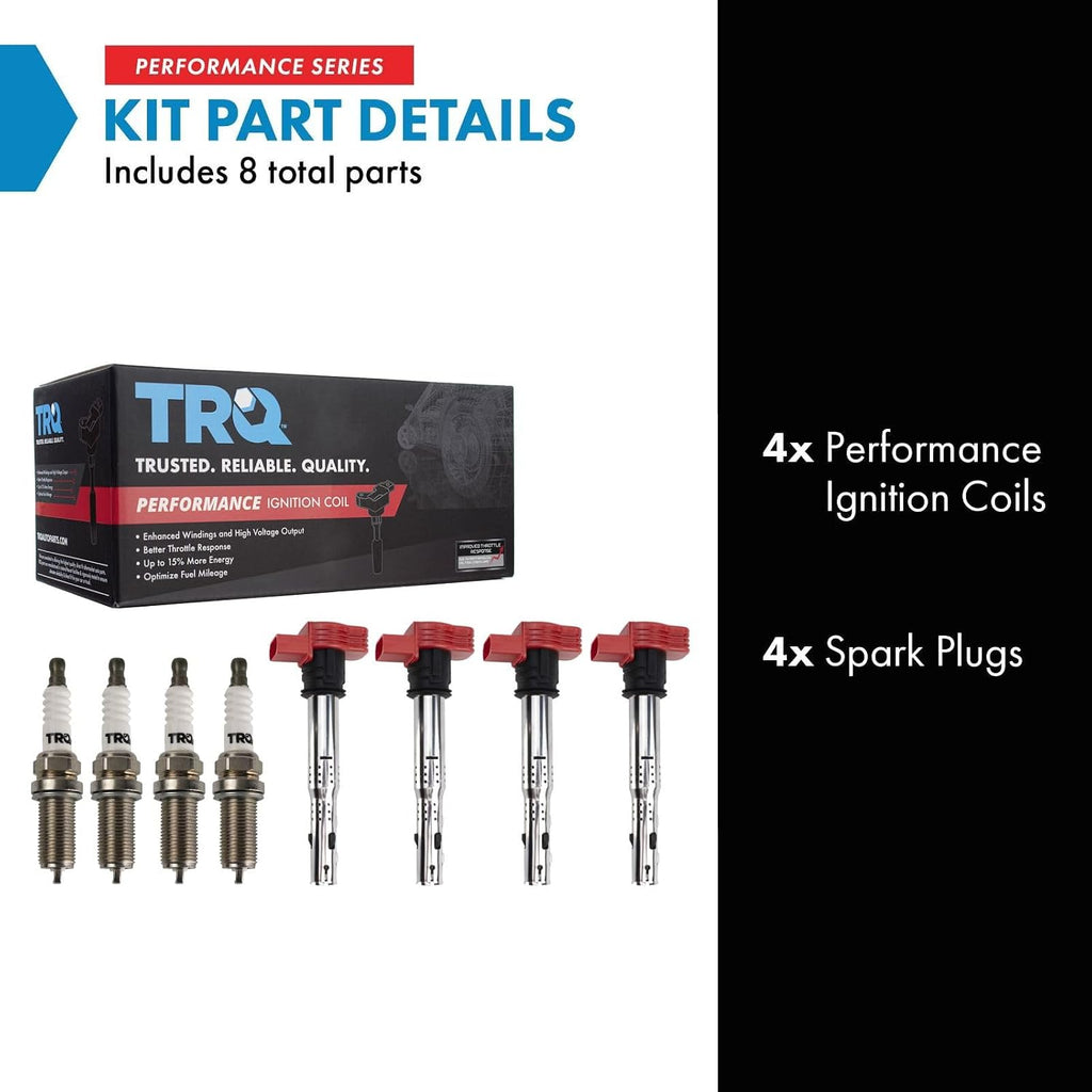 TRQ Ignition Coil and Spark Plug Kit 8 Piece Iridium Spark Plugs Compatible with 2012-2013 Volkswagen Jetta 2009-2017 Tiguan 2011-2016 Audi Q5 2005-2016 A4 2006-2014 GTI 2010-2015 TT Quattro
