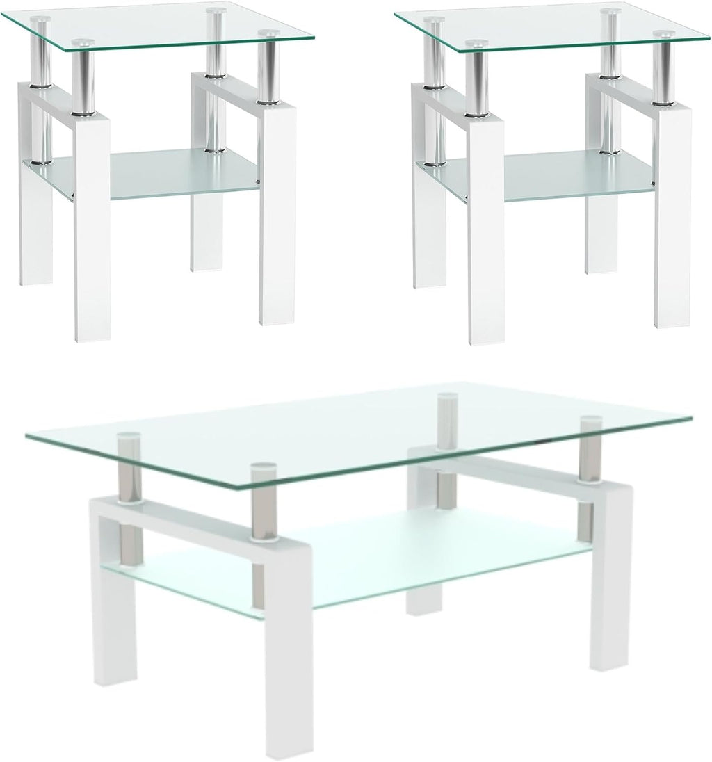 Glass Coffee Table Set of 3, 3-piece Living Room Tables with Tempered Glass and Metal Frame, Coffee and End Table Sets, White