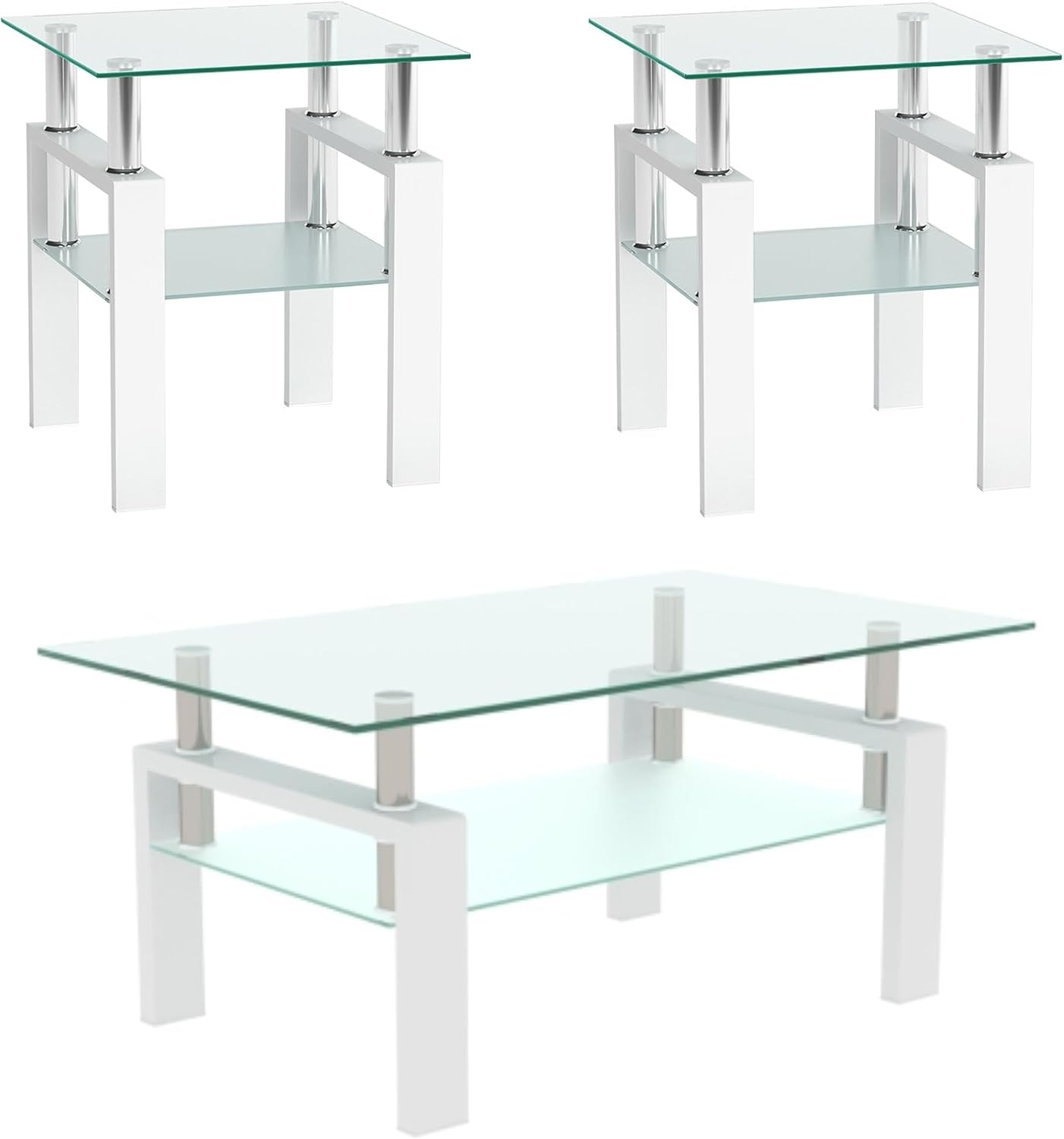 Glass Coffee Table Set of 3, 3-piece Living Room Tables with Tempered Glass and Metal Frame, Coffee and End Table Sets, White