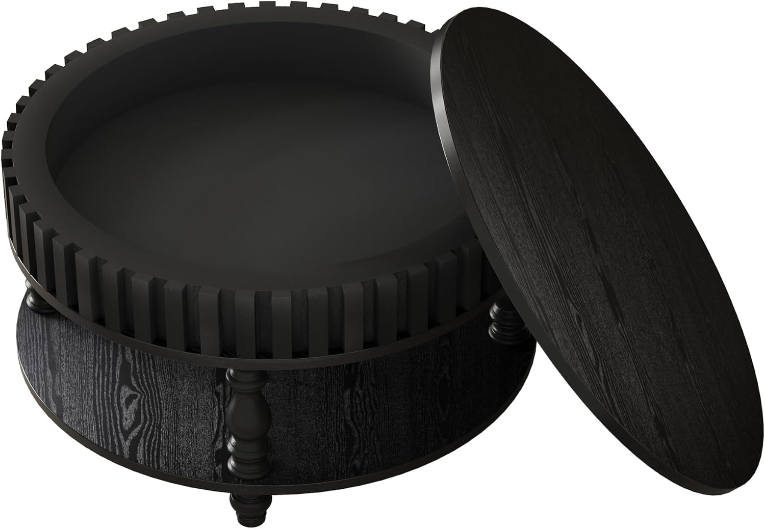 31.49'' Round Coffee Table with Storage Space, 2-Tier Modern Rustic Wood Circle Fluted Coffee Table for Living Room, Moveable Table Top & Easy Assembly, Black