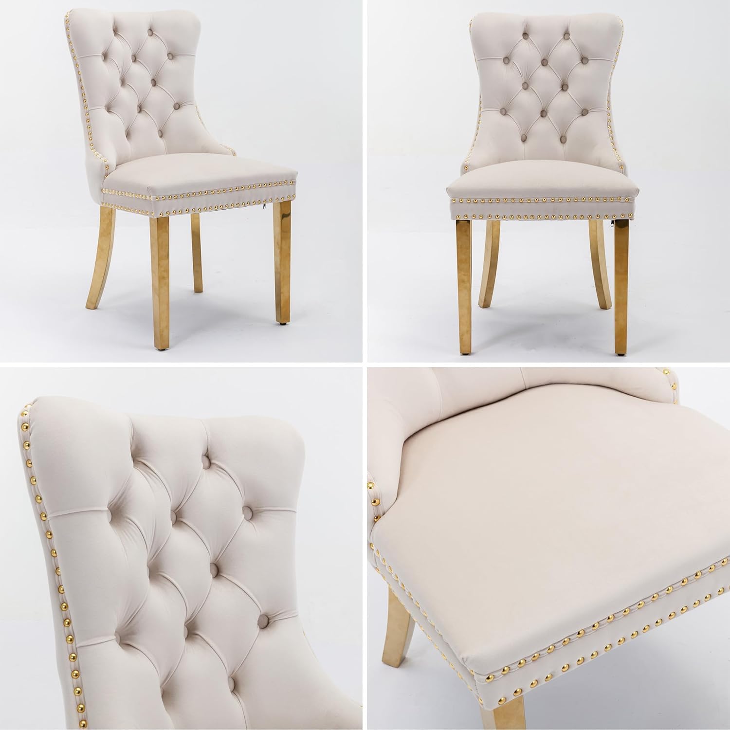 47' Small Dining Table Set of 6, Tempered Glass Round Dining Table and 6 Beige Velvet Dining Chairs, Luxury 7 Piece Circle Kitchen Dining Room Tables Set with Gold Chrome Metal X-Legs