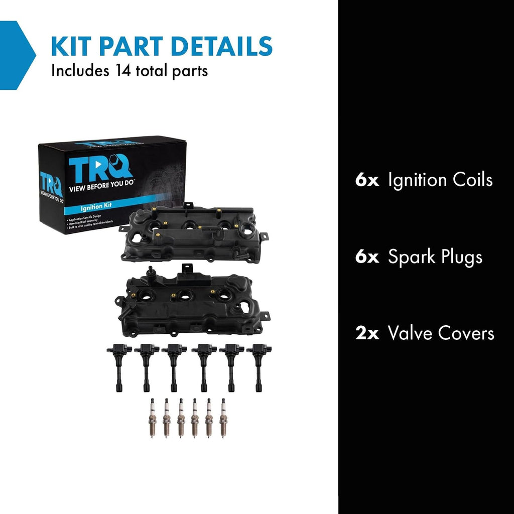 TRQ Ignition Coil and Spark Plug Kit 14 Piece Iridium Spark Plugs Valve Cover Compatible with 2009-2014 Nissan Murano 2011-2014 Quest
