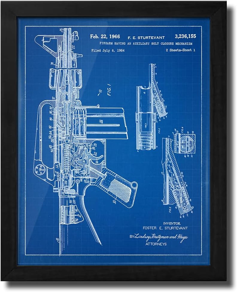 Personal-Prints Firearm Patent Art | Vintage Wall Art, Office, Bedroom Decor | 2nd Amendment & Choice of Unique Gun Art Gifts | USA Made (2 Piece Set, Blueprint, 13'x16' Framed Paper Print)