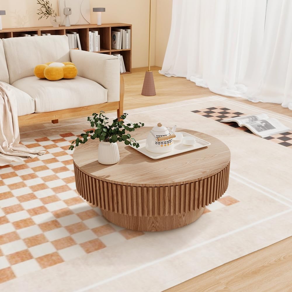 31.5'' Round Coffee Table for Living Room, Fluted Coffee Table with Hidden Storage, Solid Wood Circle Table, Modern Tea Table for Small Space Apartment-Natural Wood 31.5''D×14''H