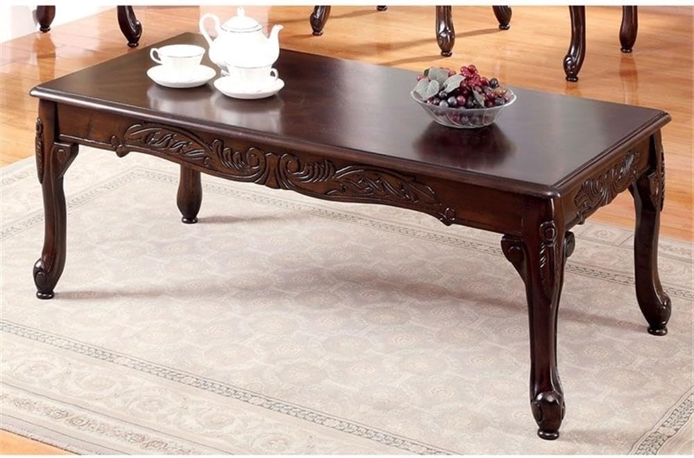 BOWERY HILL Traditional Solid Wood Coffee Table Set, 4-Piece, Dark Cherry Finish, Rectangle Shape, Cabriole Legs, Intricate Scrollwork Design for Living Room or Family Room Use
