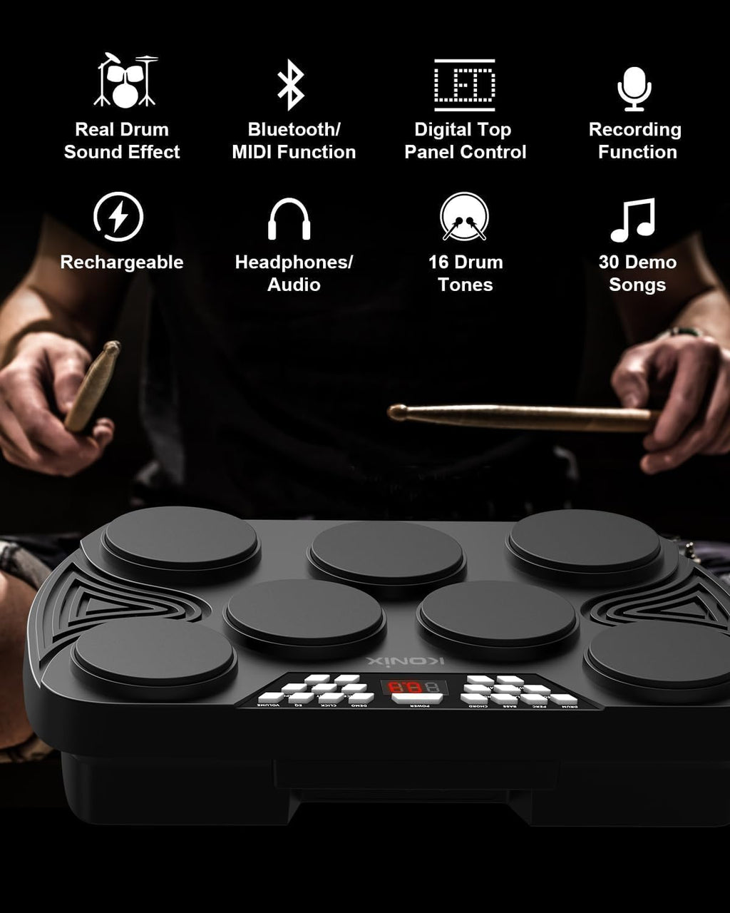 KONIX Electronic Tabletop Drum Set, Portable Electric Drum Kit with 7 Velocity Sensitivity Drum Pads, LED Drum Light, USB-MIDI Mac & PC Support, Ideal Gift for Adult and Beginners