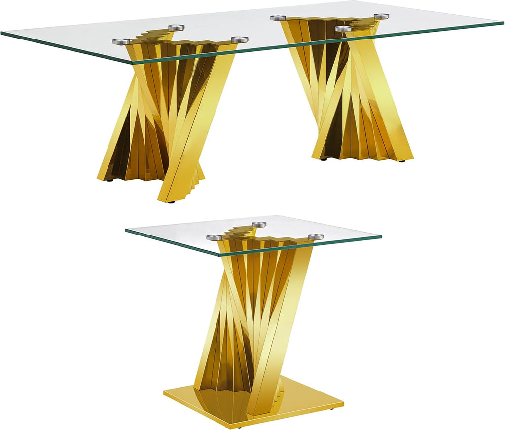 Rectangle Glass Console Table 2-Piece Set with Console Table and End Table, with Tempered Glass Tabletop and Mirrored Stainless Steel Table Legs, for Living Room, Office, Apartment, Gold