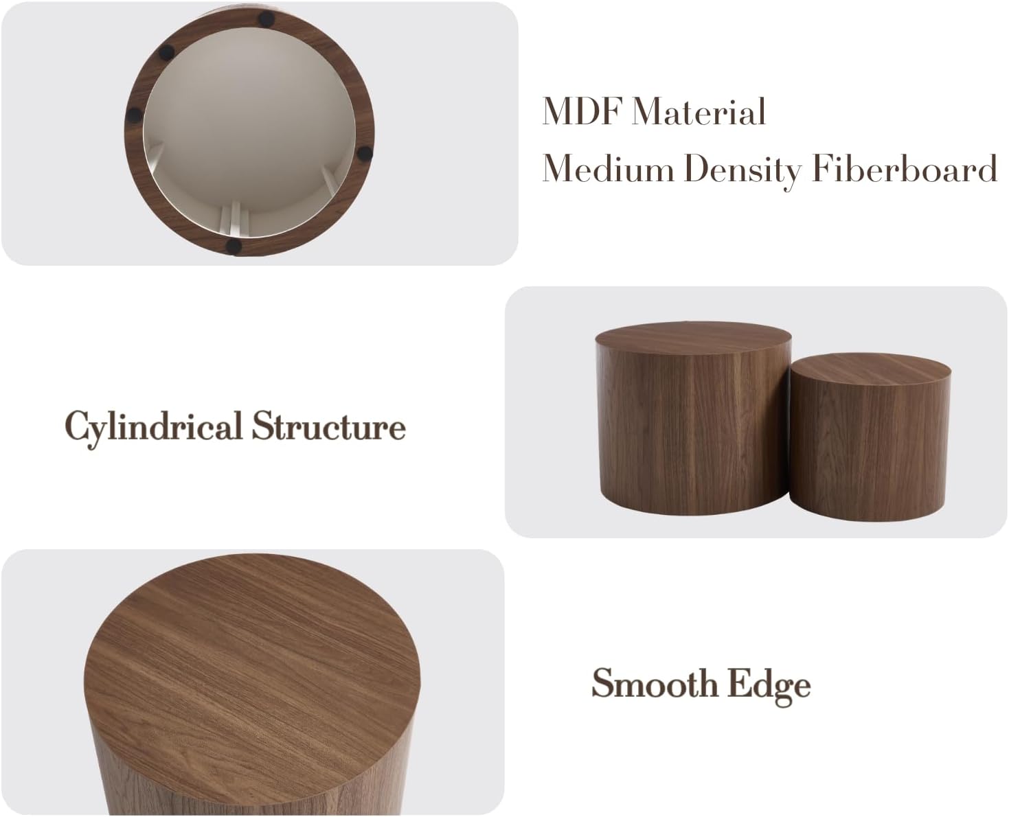 EALSON Nesting Coffee Tables Set of 2 Farmhouse Small Round End Tables Modern Wood Circle Side Table Drum Table for Living Room Small Spaces Bedroom Balcony, No Assembly, Walnut