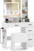 LOKO Vanity Desk with Mirror & Lights, Makeup Table & Stool Set with Storage, Charging Station, Hair Dryer Stand, 3 Color Lighting, See-Through Tempered Glass Tabletop, Modern Dressing Desk, White
