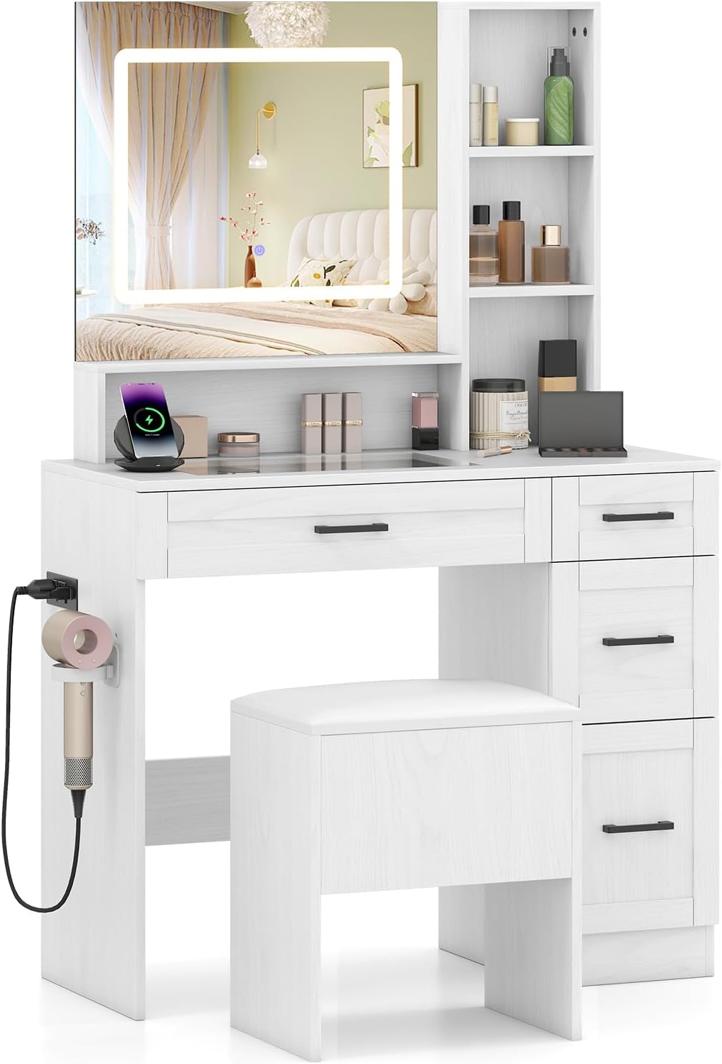 LOKO Vanity Desk with Mirror & Lights, Makeup Table & Stool Set with Storage, Charging Station, Hair Dryer Stand, 3 Color Lighting, See-Through Tempered Glass Tabletop, Modern Dressing Desk, White