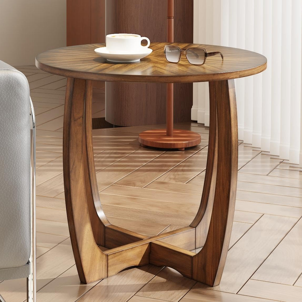 LEEMTORIG Mid Century Modern Round End Side Table Living Room, Walnut End Table Solid Wood Side Table, 23.6' Dia. Large Drum End Table Circle Nightstand Bedroom, Easy Assembly, Brown Walnut CJZ-3223