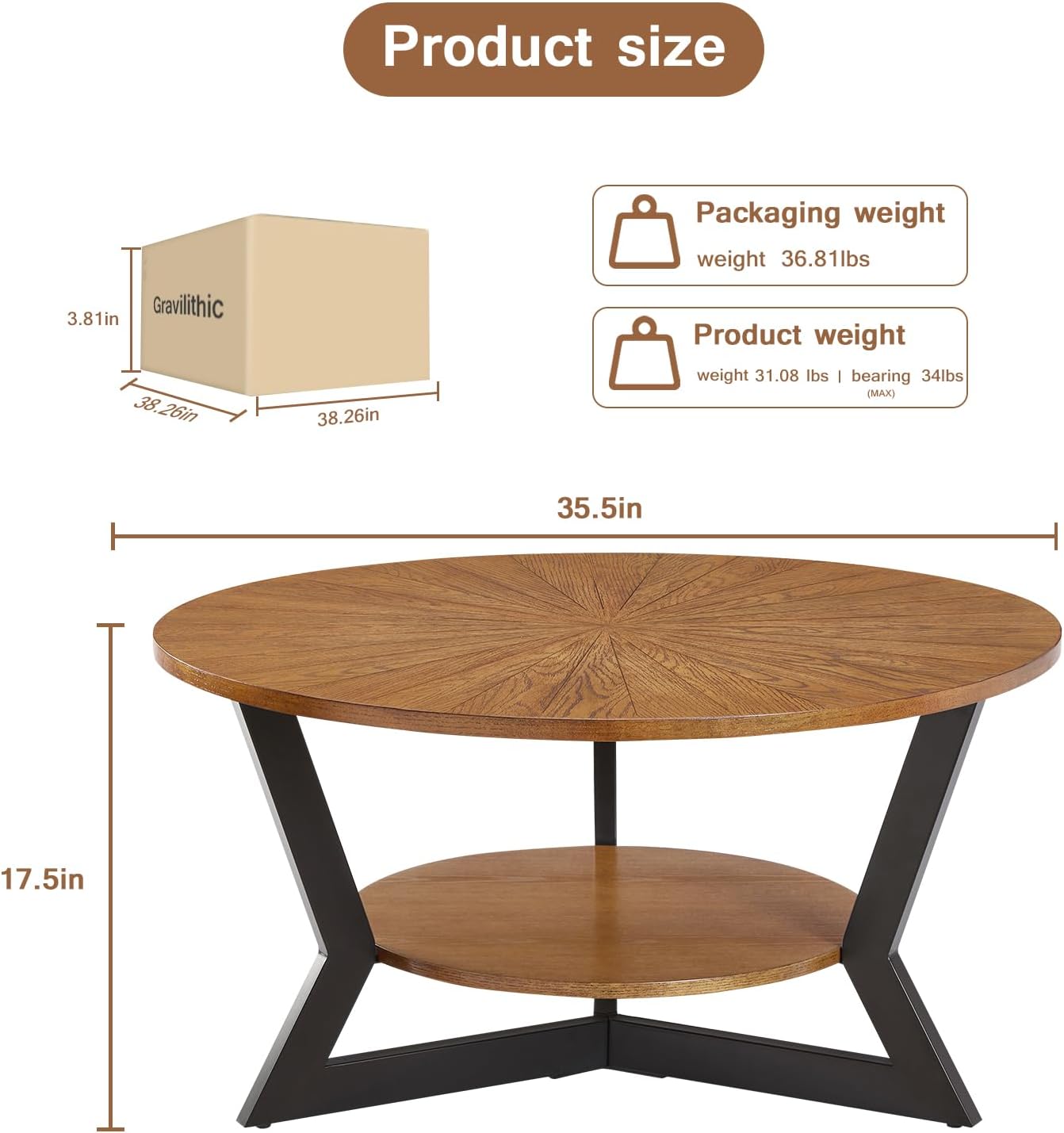 Round Coffee Table, Wood Circle Coffee Table with 2-Tier Storage, Center Table for Living Room Bedroom Office Apartment, Easy Assembly, 35'x 18' Inches, Espresso