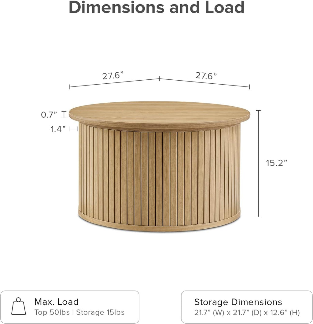 mopio Quin Tambour Round Circle Coffee Table with Storage, Drum Accent, Mid Century Modern, Wood, Fluted Center, Tea Table with Removable Lid, Living Room (Oak)
