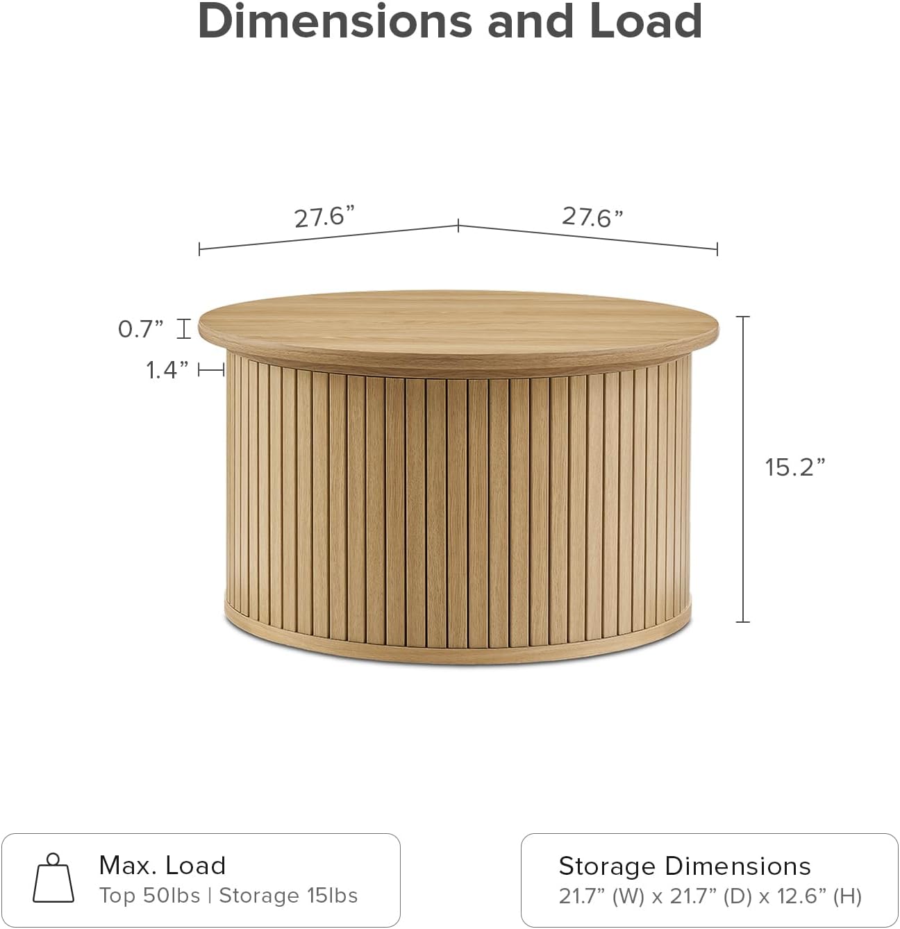 mopio Quin Tambour Round Circle Coffee Table with Storage, Drum Accent, Mid Century Modern, Wood, Fluted Center, Tea Table with Removable Lid, Living Room (Oak)