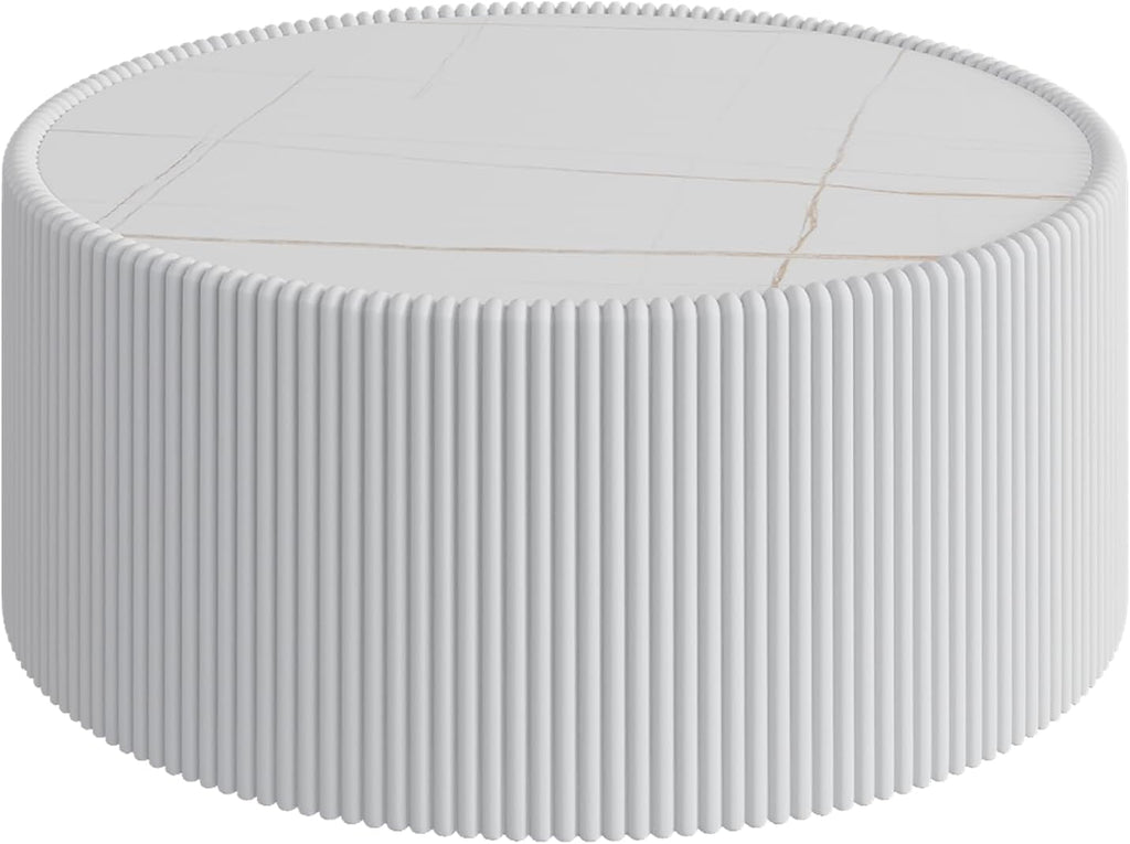 29.5 Inch Gold Pattern Sintered Stone Top & PU Leather Base Cylinder Coffee Table, Modern Drum Shape Side Table, No Assembly White