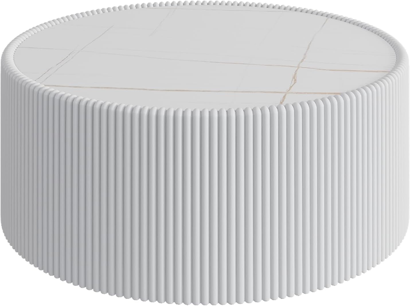 29.5 Inch Gold Pattern Sintered Stone Top & PU Leather Base Cylinder Coffee Table, Modern Drum Shape Side Table, No Assembly White