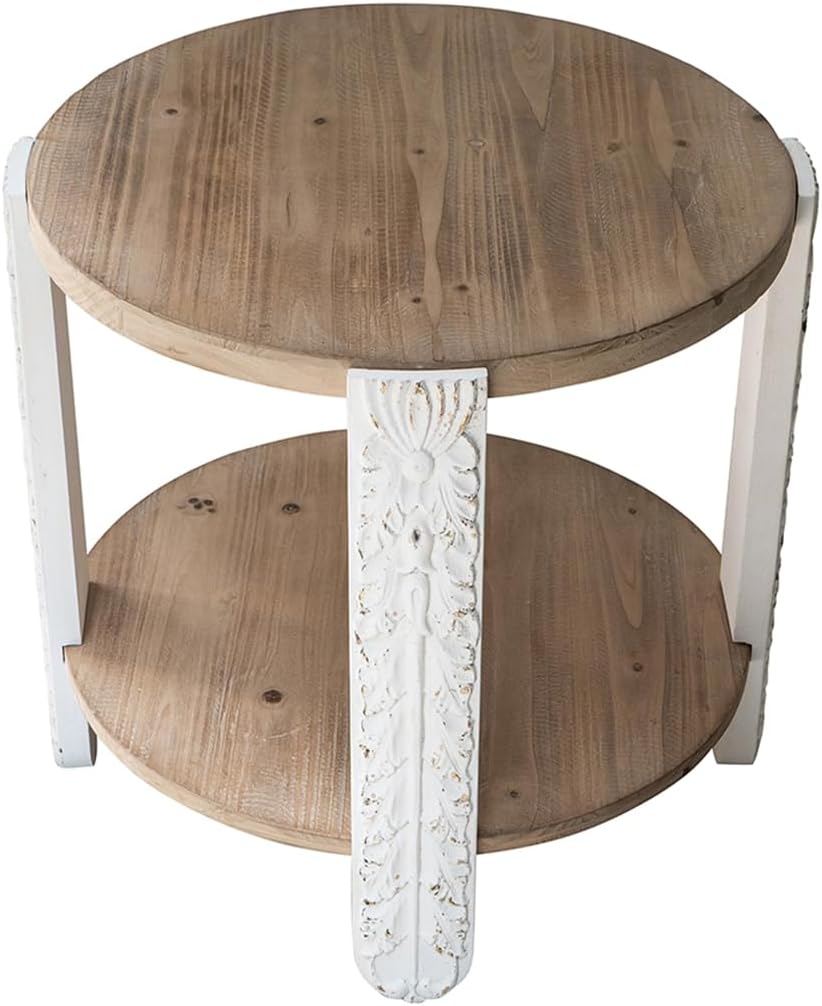 20'' Wood Side Table End Table 2-Tier for Living Room, Modern Contemporary Farmhouse Style for Bedroom, Carved Leg & Easy Assembly, Brown & White