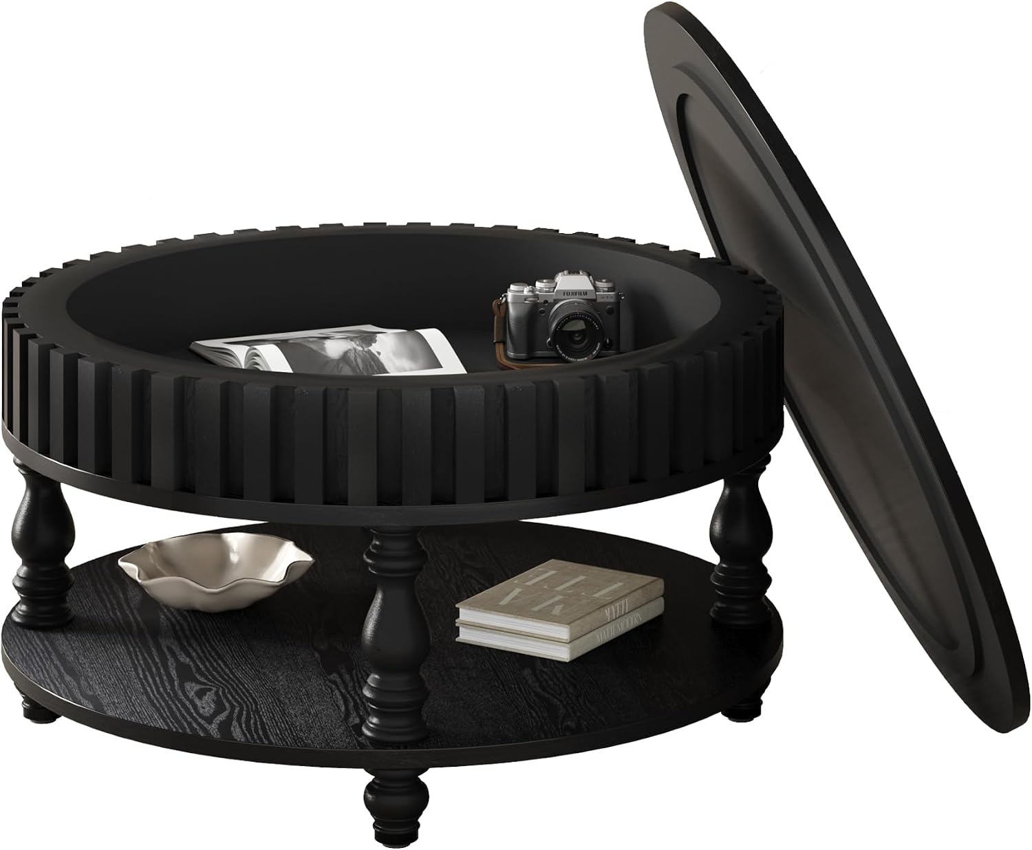 31.49'' Round Coffee Table with Storage Space, 2-Tier Modern Rustic Wood Circle Fluted Coffee Table for Living Room, Moveable Table Top & Easy Assembly, Black