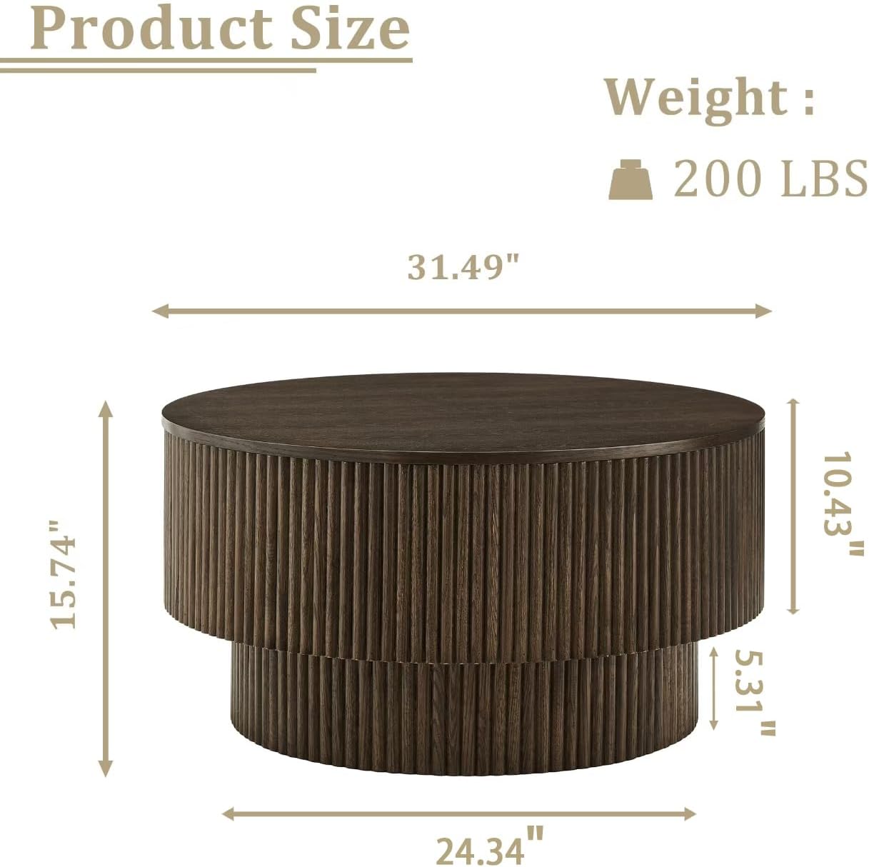 31.49' Wood Round Coffee Table for Living Room, Fluted Circle Coffee Table with Storage, Modern Handcraft, Easy Assembly(Brown, 31.49'x31.49'x15.74')
