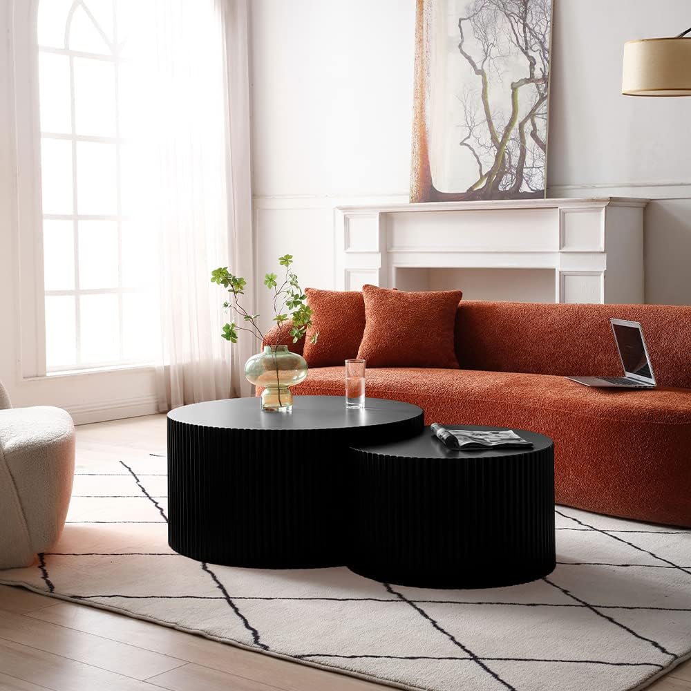 Nesting Coffee Table Set of 2, Modern Round Coffee Table End Table Set for Living Room, Wood Circle Drum Side Table,Black