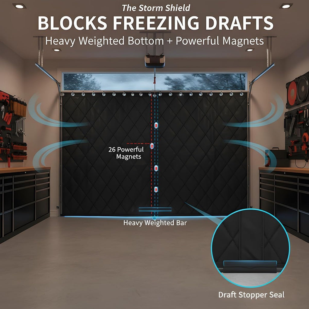 Garage Door Insulation Kit for Winter, Magnetic Thermal Screen Curtain for 2 Car Garage & Warehouse, Heavy Duty Soundproof Cotton Blanket, Windproof Draft Stopper Cover(Black,16x12FT)