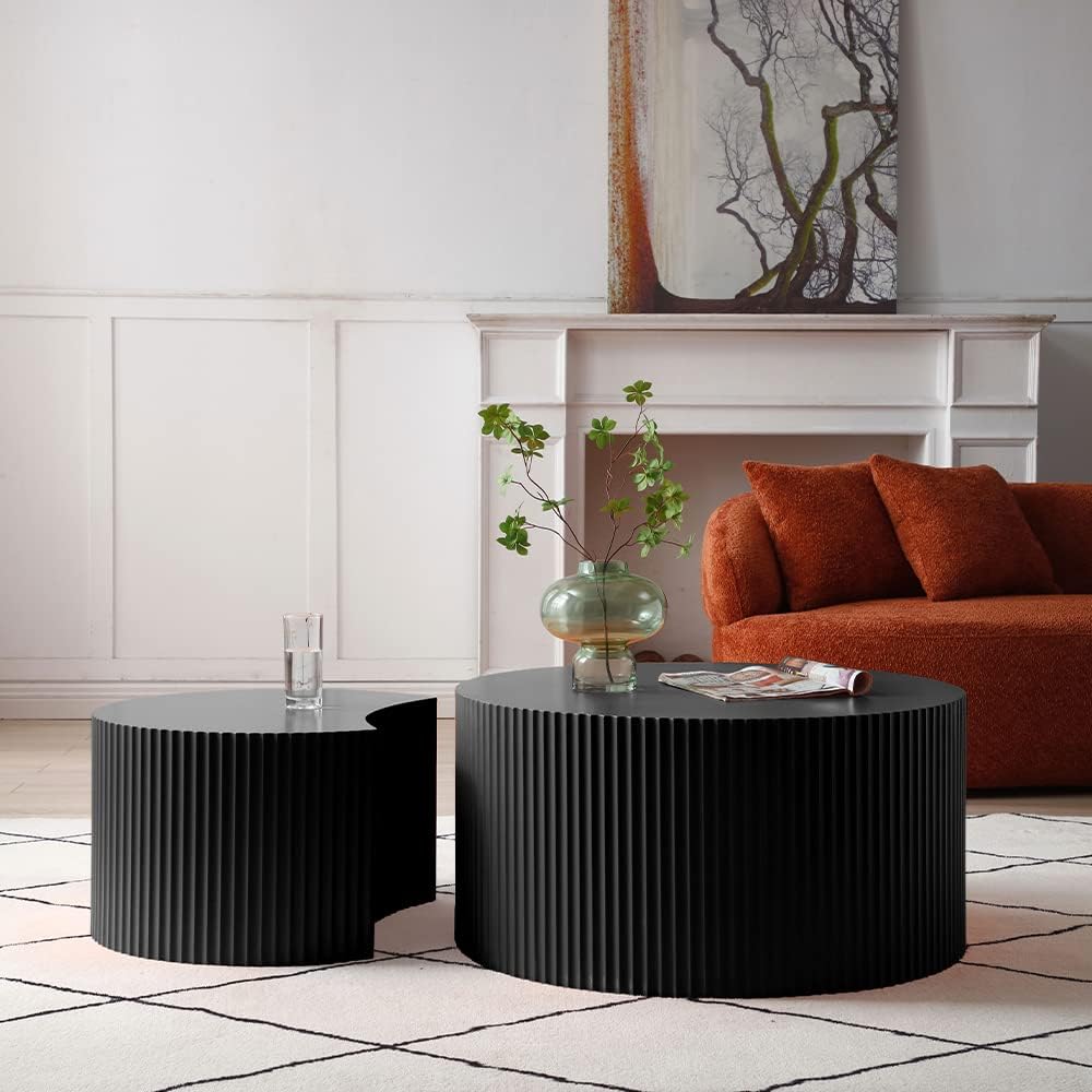 Nesting Coffee Table Set of 2, Modern Round Coffee Table End Table Set for Living Room, Wood Circle Drum Side Table,Black