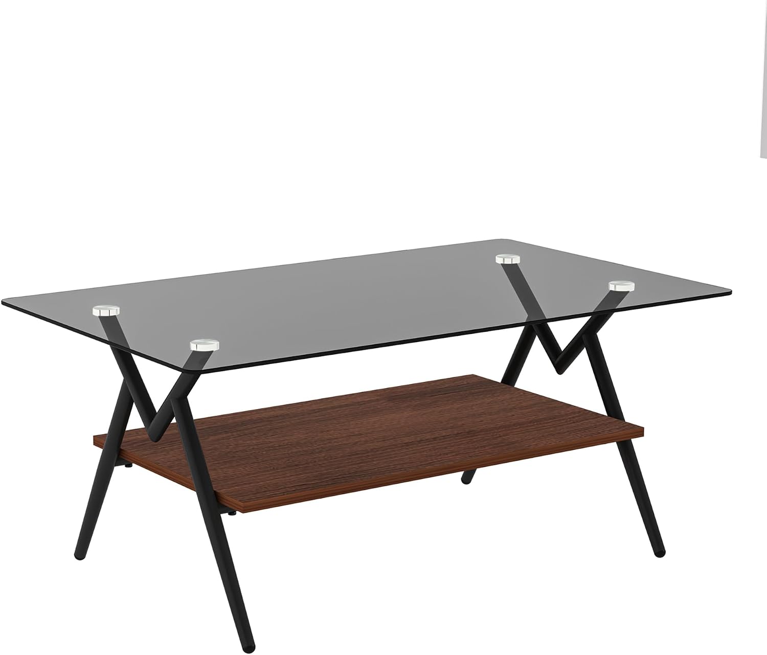 Grey Glass Coffee Table Sets of 3 Modern Living Room Table Set End Tables with Black Metal Legs and Walnut Bottom Shelf, Center Cocktail Furniture (Grey Brown)