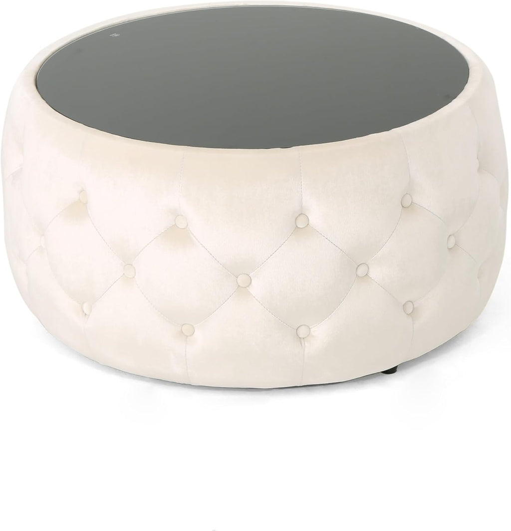 30' Round Velvet Ottoman Coffee Table, Button Tufted Coffee Table with Tempered Glass Top Modern Upholstered Tufted Velvet Cocktail Center Table for Living Room, Fully Assembled (Beige)