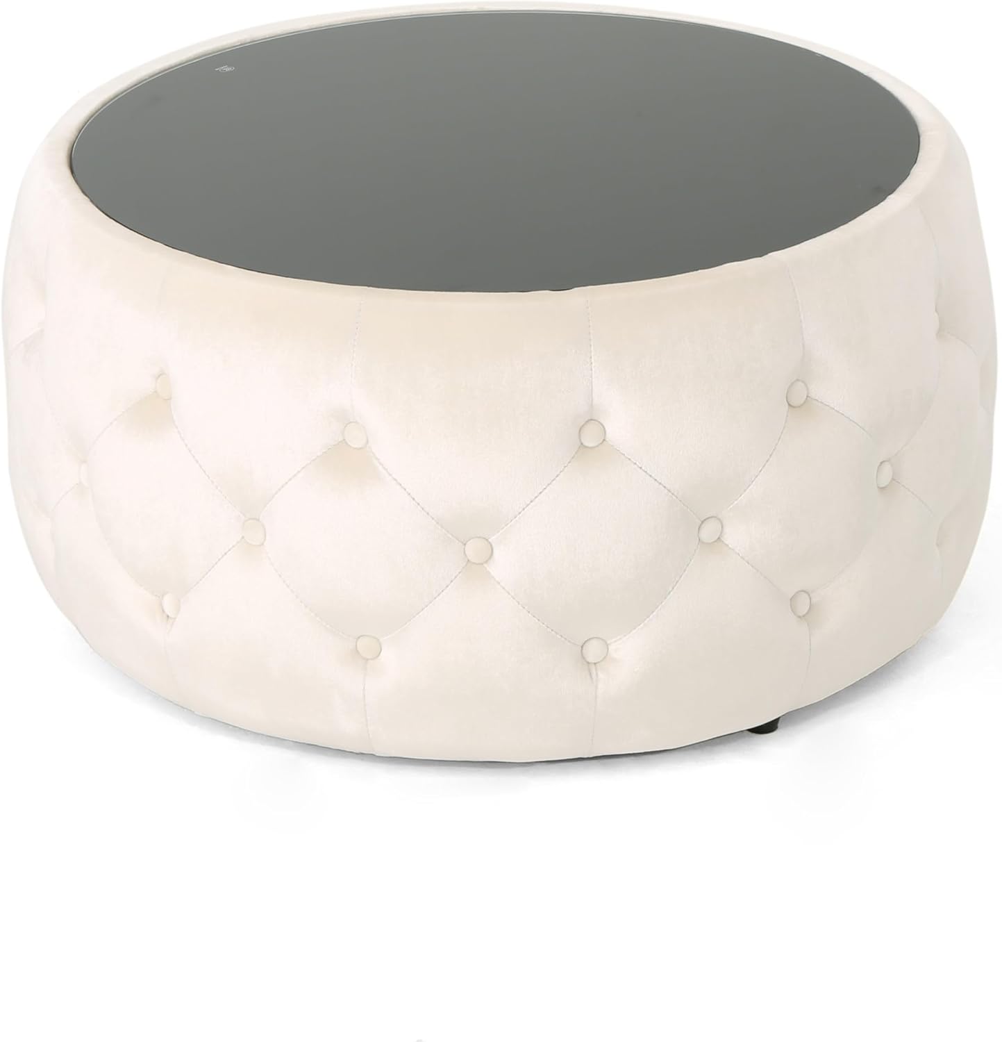 30' Round Velvet Ottoman Coffee Table, Button Tufted Coffee Table with Tempered Glass Top Modern Upholstered Tufted Velvet Cocktail Center Table for Living Room, Fully Assembled (Beige)