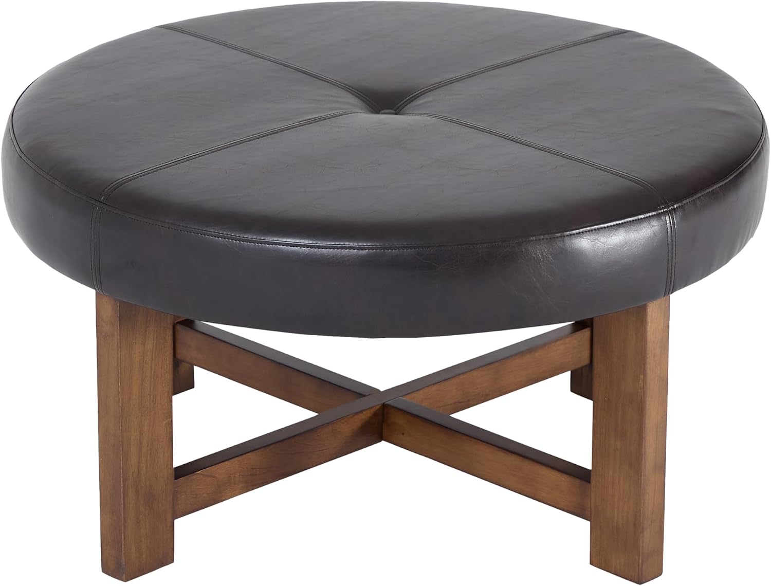 Christopher Knight Home Ladin Modern Round Ottoman Coffee Table, Faux Leather Cocktail Ottoman for Living Room Sofa, Entryway Comfortable Footstool, Wooden Ottoman Foot Rest, Dark Brown+Walnut