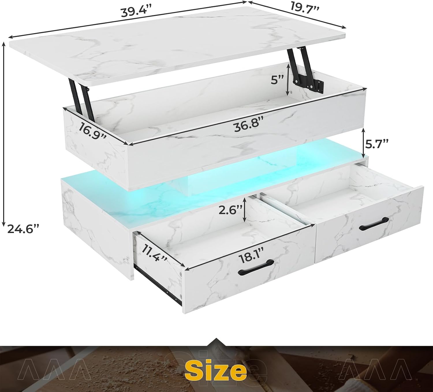 SEDETA 40' Lift Top Coffee Table, Coffee Tables with Storage for Living Room, Small Coffee Table with 2 Drawers & LED Light for Dining Reception Room, White Marble