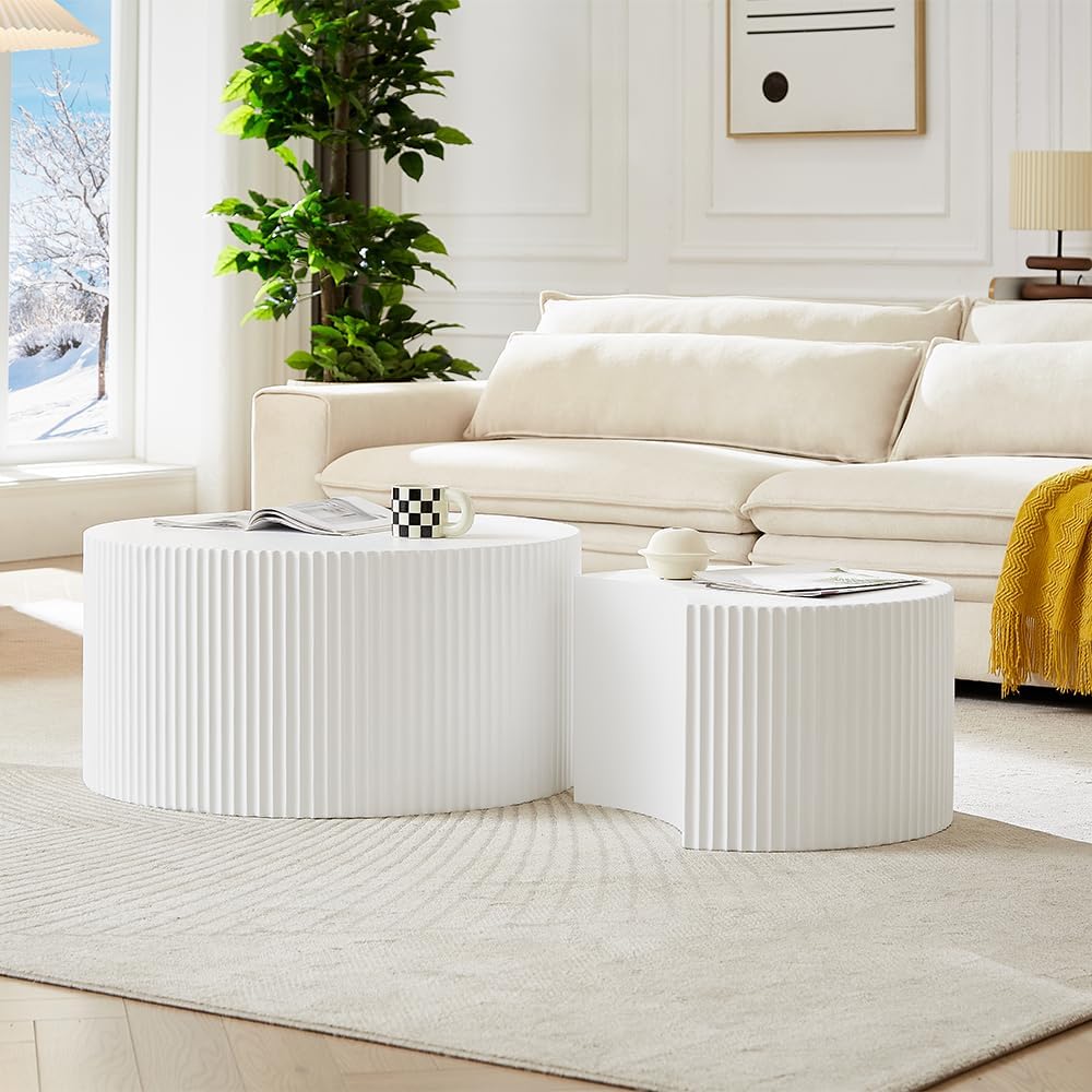 WILLIAMSPACE Nesting Coffee Table Set of 2, Round & Crescent Moon Wooden Coffee Tables, Modern Luxury Accent End Tea Table for Living Room Apartment (White-Round)