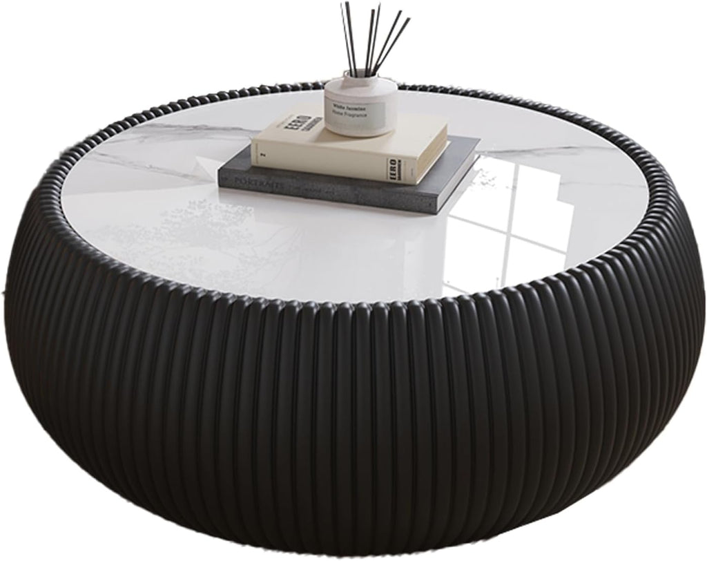 Round Drum Coffee Table Luxury Sintered Stone Top Coffee Table in Black Leatherette, Fully Assembled Drum-Shape Cocktail Center Table for Living Room Bedroom