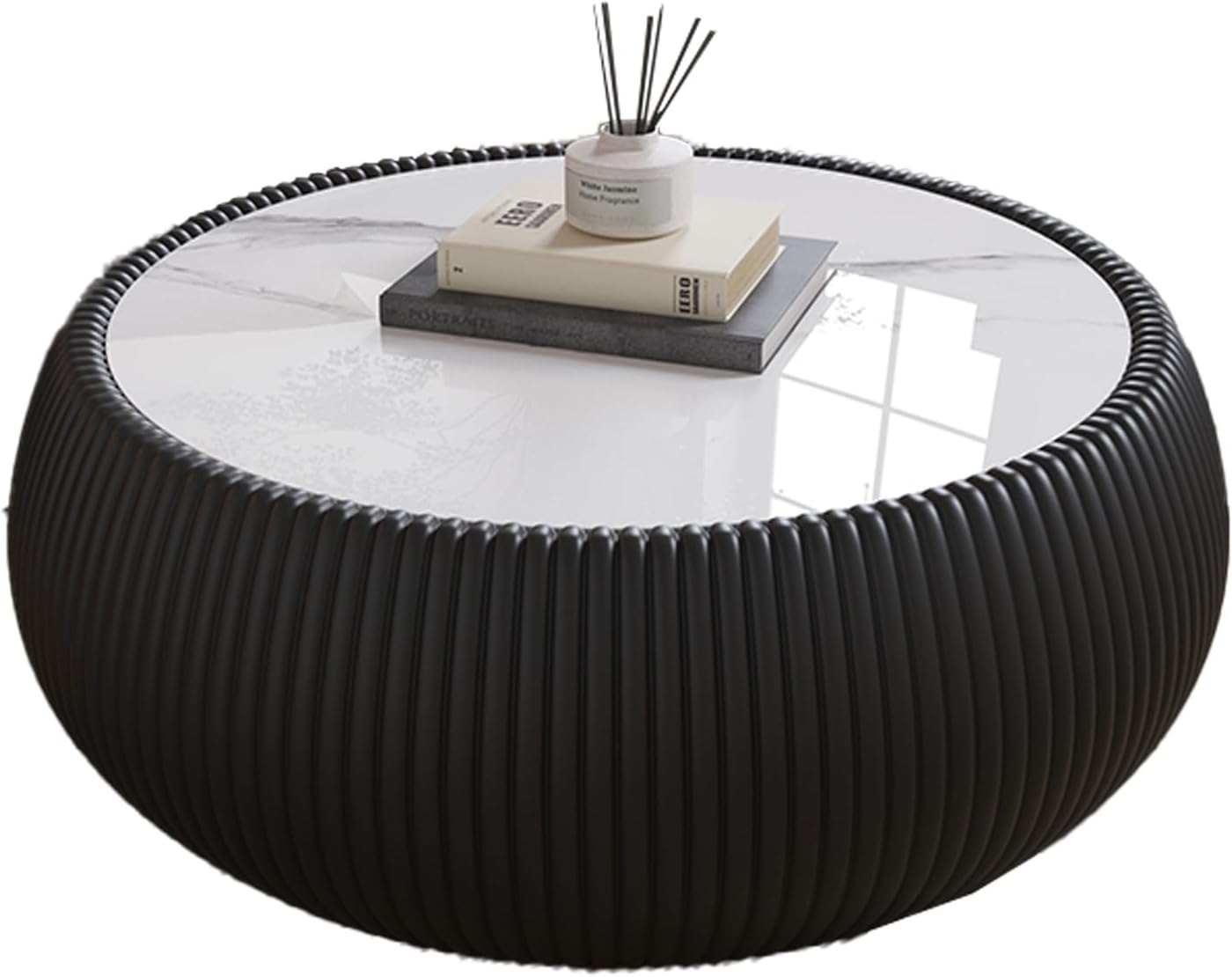 Round Drum Coffee Table Luxury Sintered Stone Top Coffee Table in Black Leatherette, Fully Assembled Drum-Shape Cocktail Center Table for Living Room Bedroom